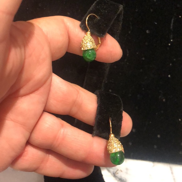 Emerald Green Round Bead with Pavé Crystal Cap Euro Wire Earrings-Boutique - Picture 5 of 8